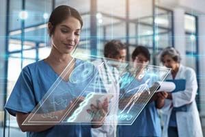 Doctor, woman and tablet in hospital with holographic ux for telehealth, medical innovation and dna study. Medic, mobile touchscreen for typing on app for data analysis, 3d hologram ui and research